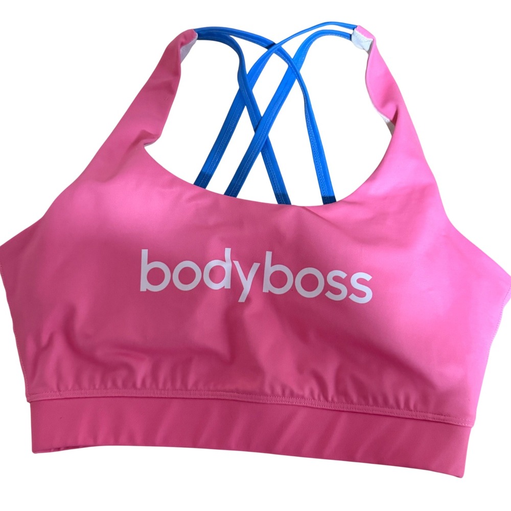 Bodyboss Womens Pink Blue Crisscross Strappy Activewear Sports Bra Size S